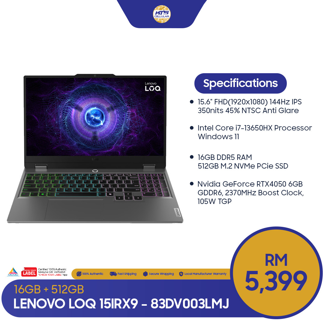 Lenovo LOQ 15IRX9 15.6" LAPTOP (Intel Core i7-13650HX, 16GB+512GB, Nvidia GeForce RTX4050, Window 11)