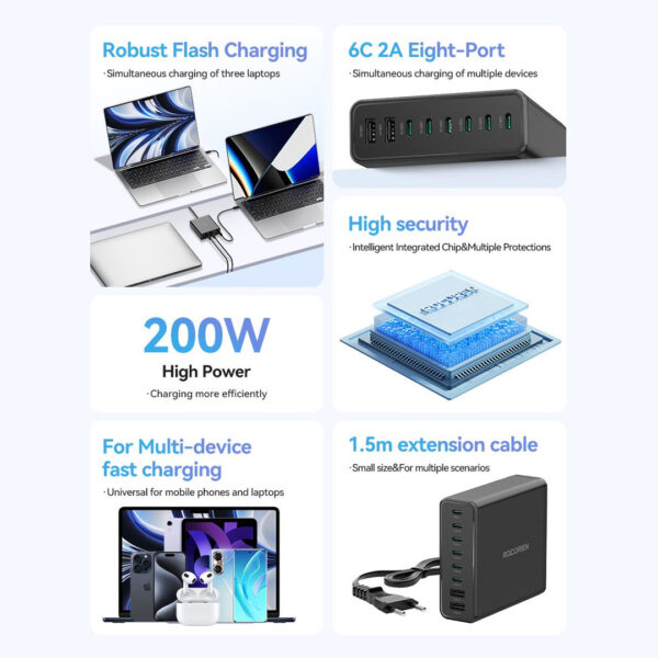 75b027788ef619a8f52f40d36579fa81.jpeg Rocoren Desktop Fast Charger Station (6C+2A) 200W (AC line 1.5m) - Original 1 Year Warranty by Rocoren Malaysia