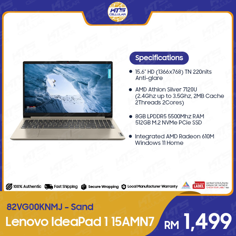 Lenovo IdeaPad 1 15AMN7 15.6" LAPTOP (AMD Athlon Silver 7120U, 8GB+512GB, Integrated AMD Radeon 610M, Window 11 Home)