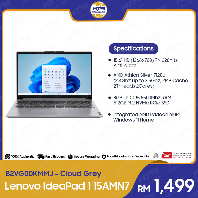 Lenovo IdeaPad 1 15AMN7 15.6" LAPTOP (AMD Athlon Silver 7120U, 8GB+512GB, Integrated AMD Radeon 610M, Window 11 Home)