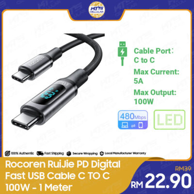 Rocoren RuiJie PD Digital Fast USB Cable C TO C 100W - Original 3 Months Warranty by Rocoren Malaysia - 1M