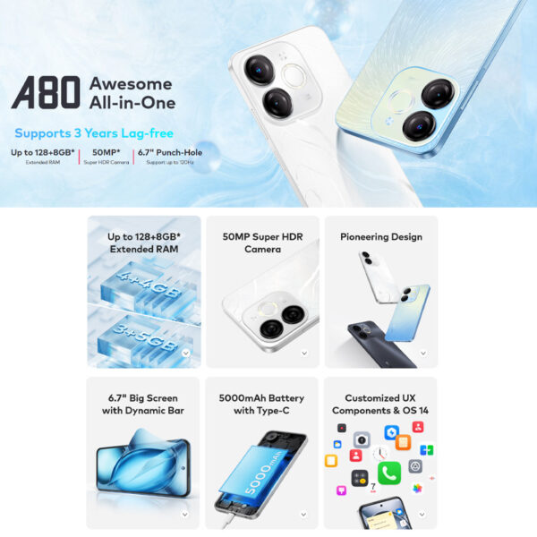 Itel A80 4G (4GB+128GB) Smartphone - Original 1 Year Warranty by Itel Malaysia
