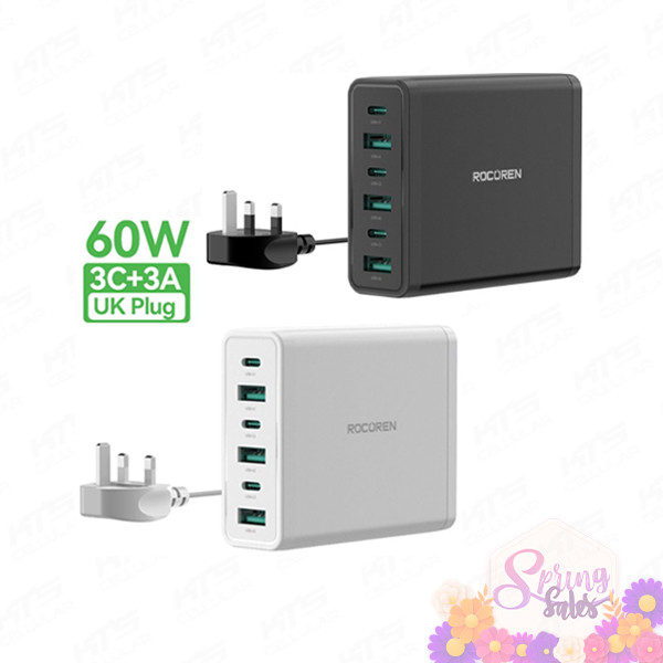 Rocoren Desktop Fast Charger Station (3C+3A) 60W (AC line 1.5m) - Original 1 Year Warranty by Rocoren Malaysia