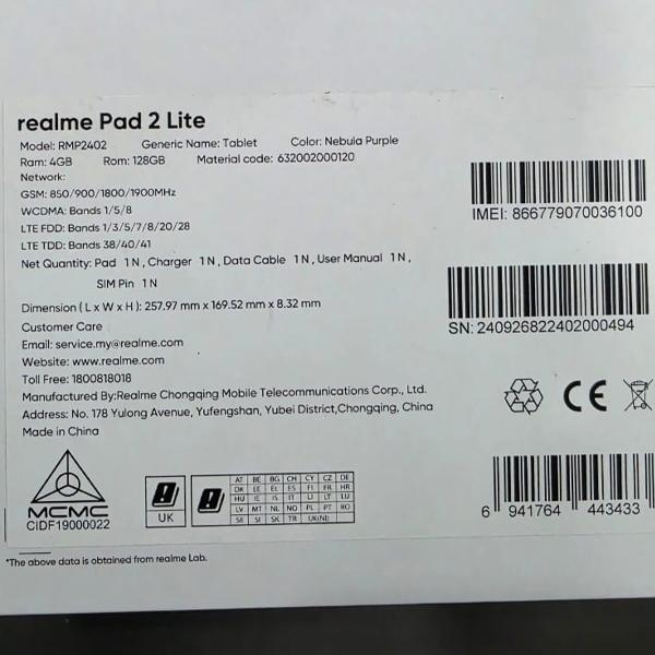 [Display Unit] Realme Pad 2 Lite LTE (4GB+128GB) Tablet - IMEI NO: 866779070036100