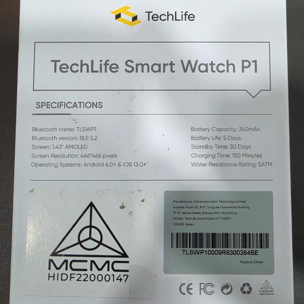[Display Unit] Techlife Smart Watch P1 - S/N: TLSWP10009R6300384BE