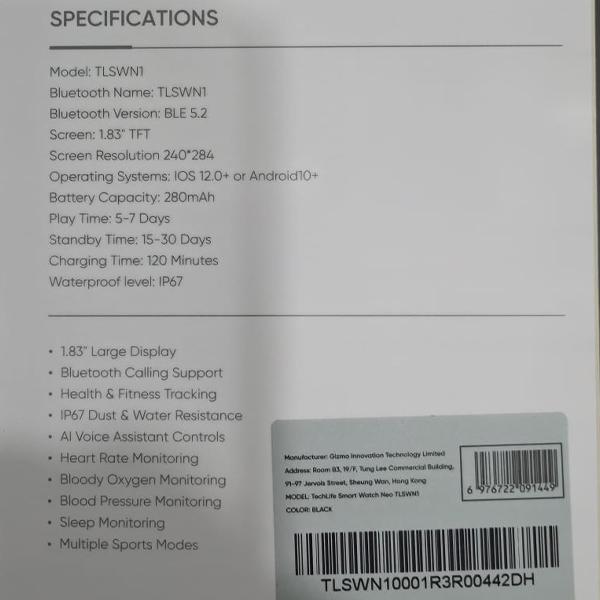 [Display Unit] Techlife Smart Watch Neo - S/N: TLSWN10001R3R00442DH